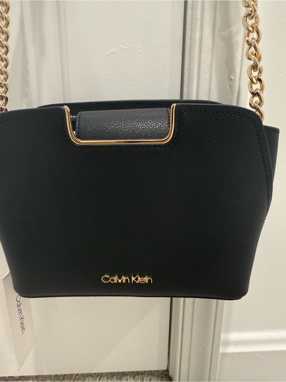 Calvin Klein Black Pebble Crossbody with Gold Chain